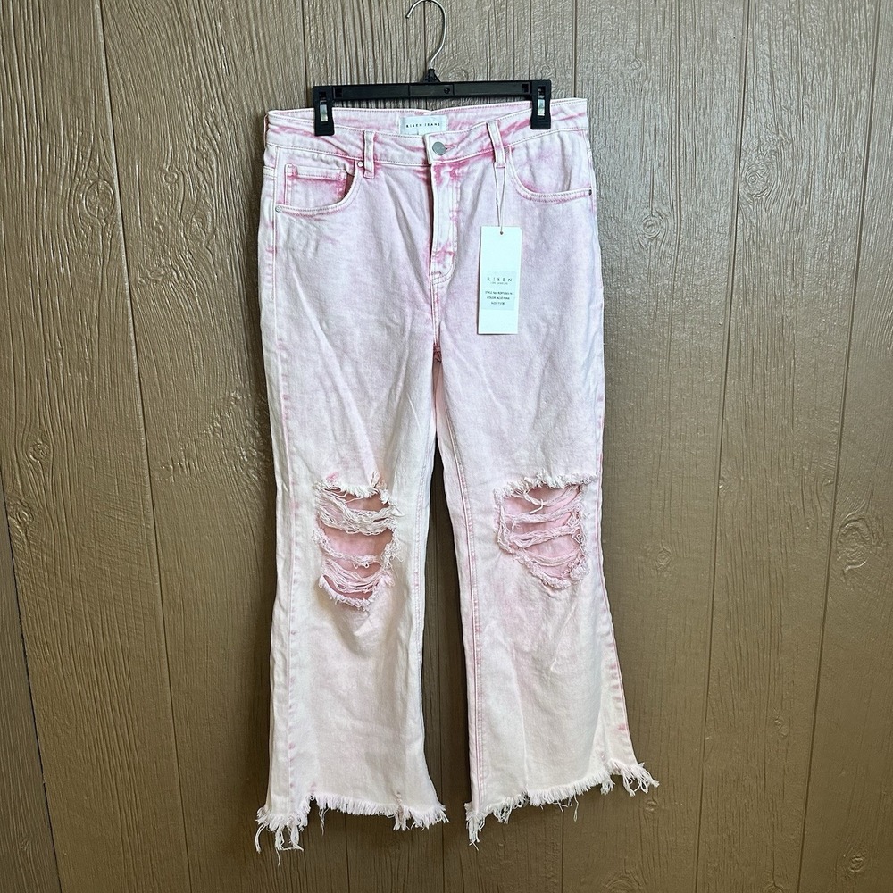 NWT RISEN Jeans Womens Size 11/30 Acid Pink Wash Distressed Stretch Straight Leg